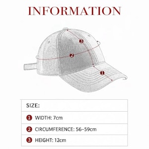 May include: Diagram of a baseball cap with measurements. The width is 7cm, the circumference is 56-59cm, and the height is 12cm. The word "INFORMATION" is at the top of the image.