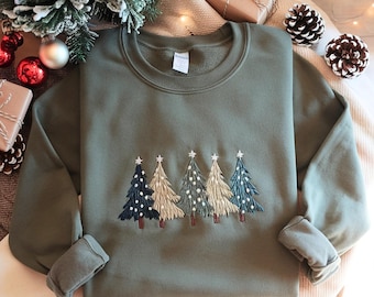 Christmas Tree Embroidered Sweatshirt, Winter Trees Embroidery Shirt, Xmas Season Gifts