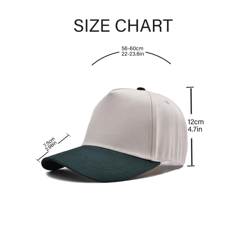 May include: A baseball cap with a gray crown and a dark green brim. The cap is 4.7 inches high and the brim is 2.96 inches long. The size chart indicates a head circumference of 22-23.6 inches. The text "SIZE CHART" is at the top.