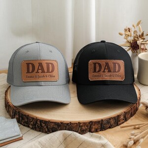 Custom Kids Name Dad Hat, Personalized Dad Gift, Leather Patch Hat, Dad and Kids Trucker Hat, Dad Hat, Fathers Day Hat, Grandpa Hat Gift