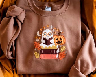 Ghost Reading Embroidered Sweatshirt, Halloween Embroidery Shirt, Fall Crewneck, Book Lover Gifts