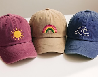 Embroidered Summer Beach Baseball Cap: Sun, Rainbow, Wave - Coastal Gift