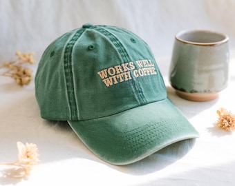 Works Well With Coffee Embroidered Baseball Cap - Funny Caffeine Hat