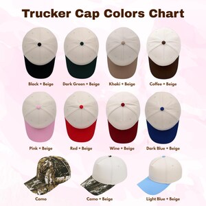 May include: A chart displaying various trucker cap color combinations. The caps feature beige crowns paired with black, dark green, khaki, coffee, pink, red, wine, and dark blue visors. Additional caps include camo and light blue visors. The text "Trucker Cap Colors Chart" is at the top.