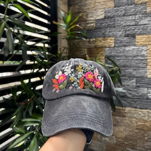 Hand Embroidered Wildflower Baseball Cap: Personalized Vintage Floral Hat