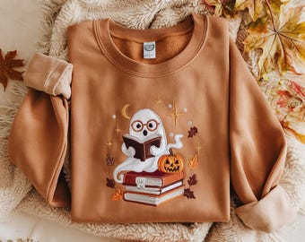 Embroidered Ghost Reading Sweatshirt: Halloween Fall Crewneck