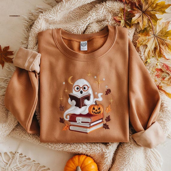 Embroidered Ghost Reading Sweatshirt: Halloween Fall Crewneck