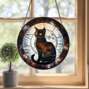 Black Cat With Moon Stained Glass Suncatcher, Black Cat On Moon Window Hanging, Gifts For Cat Moms, Gifts For Cat Lover, Black Cat Decor