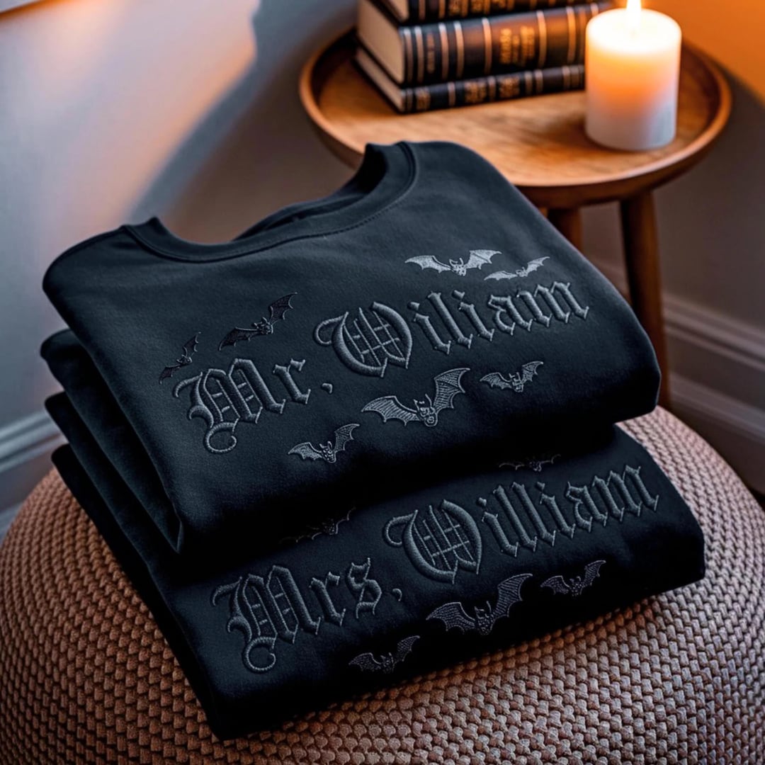 Spooky Custom Mr & Mrs Family Name Embroidered Tone-On-Tone Sweatshirt, Personalized Halloween Wifey Hubby Shirt