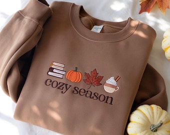 Embroidered Fall Sweatshirt: Cozy Season, Books, Pumpkin, Latte
