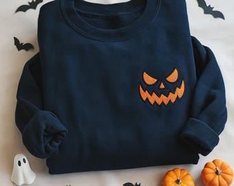 Embroidered Halloween Pumpkin Sweatshirt: Tonal Jackolantern Pullover