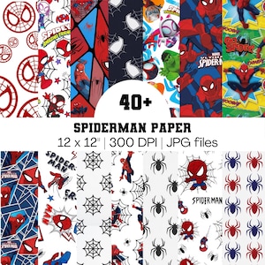 Könnte beinhalten: Eine Sammlung digitaler Papierdesigns mit Spider-Man-Figuren, Spinnennetzen und Logos in Rot, Blau, Schwarz und Weiß. Der Text lautet 40+ SPIDERMAN PAPER 12 x 12" 300 DPI JPG files und zeigt verschiedene Comic-Muster.