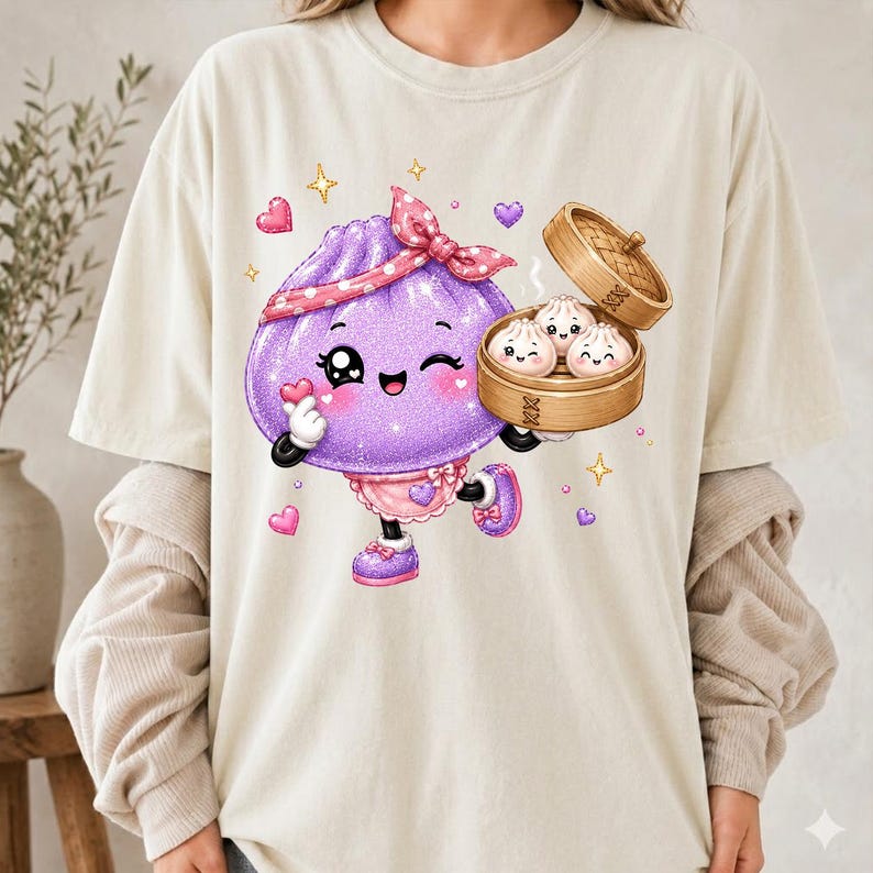 May include: A cream-colored t-shirt featuring a graphic of a purple, glittery, anthropomorphic dumpling character wearing a pink polka-dot headband and apron, holding a wooden steamer basket containing three smaller smiling dumpling characters.