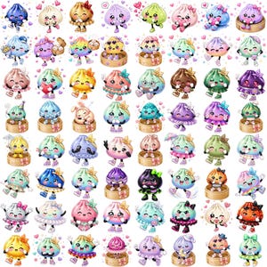 May include: A collection of sixty-four individual stickers featuring anthropomorphic steamed dumplings with expressive faces, colourful outfits, and accessories, arranged in a grid pattern against a white background with small floating hearts.