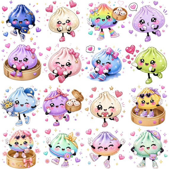 Glitter Dumpling Clipart Bundle PNG, Kawaii Dumpling PNG, Cute Food Clipart, Rainbow Glitter Dumplings, Dumplings Sublimation, Glitter Png