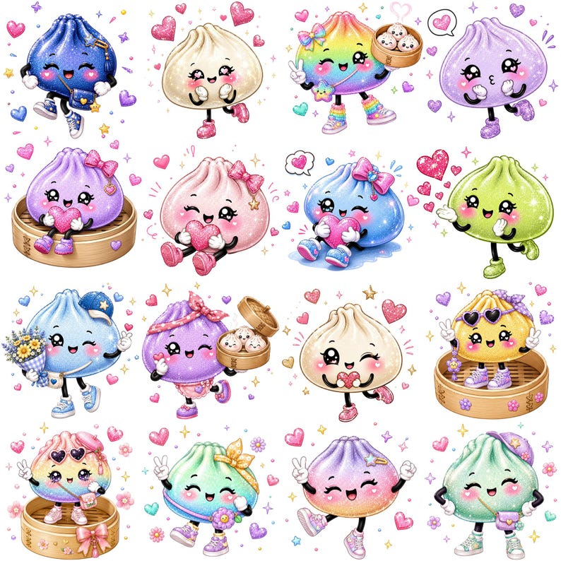May include: A collection of sixteen cartoon dumpling characters in various colors including blue, pink, purple, green, and rainbow. Each dumpling features a smiling face, limbs, and accessories like bows, hearts, sunglasses, and bamboo steamers.