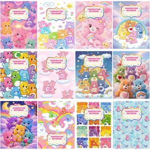 May include: A collection of twelve composition notebooks featuring various Care Bears characters in colourful, whimsical settings with rainbows, clouds, stars, and hearts. Each notebook cover includes a central label with the text Composition Notebook.