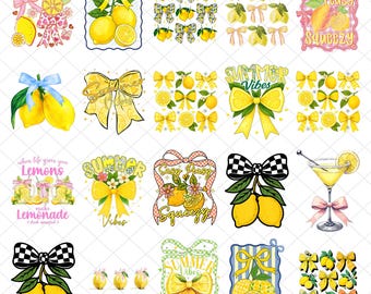 Pacchetto di PNG con fiocco retrò e fantasia a limone, PNG per tutti i giorni con mamma e limone, PNG con design preppy, PNG per bambina, PNG con limone alla moda, Estate