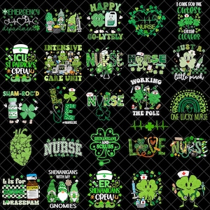 Puede incluir: Una colección de gráficos con temática del Día de San Patricio sobre un fondo negro. Los diseños incluyen tréboles, enfermeras, gnomos e imágenes relacionadas con la medicina. El texto incluye frases como "Nurse", "Sham-roc'd" y "Emergency Department".
