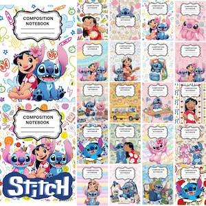May include: A collection of composition notebooks featuring Lilo and Stitch characters in various colorful scenes. Each notebook has a white label with the text COMPOSITION NOTEBOOK and lines for writing, set against patterned backgrounds.