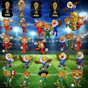 以下が含まれることがあります： FIFAワールドカップのマスコットキャラクターのイラスト集。ヘラジカ、ワシ、ジャガーがサッカーボールやトロフィーと共に様々なポーズをとっており、FIFAのロゴと数字の26が描かれ、背景にはスタジアムがぼかして表現されています。