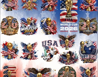 Puede incluir: Una colección de diseños gráficos de la Copa Mundial de la FIFA 2026 con el trofeo dorado, banderas estadounidenses, águilas calvas y la Estatua de la Libertad. Las imágenes incluyen textos como FIFA World Cup 2026, USA y Team USA 2026.