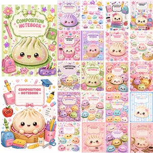 May include: A collection of composition notebooks featuring kawaii-style illustrations of smiling dumplings, school supplies, and pastel patterns. The covers display the text Composition Notebook, with some designs including additional decorative elements.