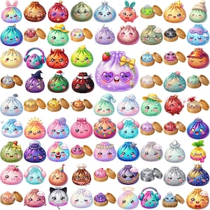 May include: A collection of colorful, illustrated dumpling characters featuring various expressions, accessories, and themes, including hats, glasses, headphones, and crowns, arranged in a grid pattern with some placed inside small bamboo steamers.
