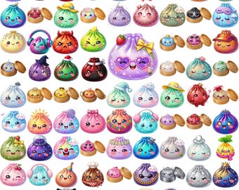 Kawaii Dumpling Clipart Bundle, 90 Glitter Dumpling Squishy Images, Glitter Galaxy Holographic PNGs, Commercial Use