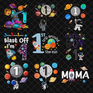 Op de afbeelding: Een verzameling kleurrijke ruimte-thema ontwerpen, met planeten, raketten, astronauten en het nummer "1". Tekst bevat "Blast Off", "1st trip around the sun" en "Birthday Boy". Perfect voor een eerste verjaardag.