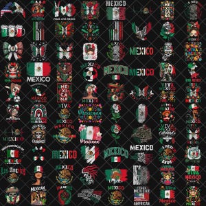 Puede incluir: Una colecci&oacute;n de gr&aacute;ficos con tem&aacute;tica mexicana sobre un fondo negro. Los dise&ntilde;os incluyen banderas, calaveras, mariposas y texto como "M&eacute;xico" y "Viva M&eacute;xico". Los gr&aacute;ficos son de varios colores, incluyendo rojo, verde y blanco.