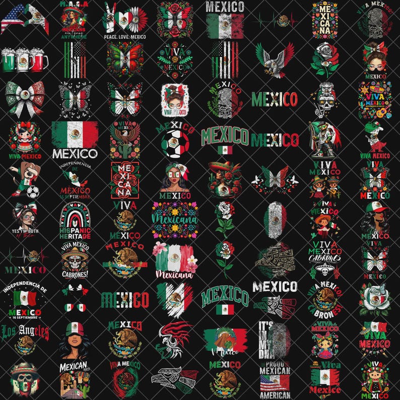 Puede incluir: Una colecci&oacute;n de gr&aacute;ficos con tem&aacute;tica mexicana sobre un fondo negro. Los dise&ntilde;os incluyen banderas, calaveras, mariposas y texto como "M&eacute;xico" y "Viva M&eacute;xico". Los gr&aacute;ficos son de varios colores, incluyendo rojo, verde y blanco.
