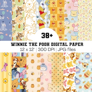 May include: A collection of 38+ Winnie the Pooh digital paper designs in 12 x 12 inch JPG files at 300 DPI. The patterns feature various illustrations of Pooh, Tigger, Eeyore, and Piglet with honey pots, bees, flowers, and polka dots in pastel colors.