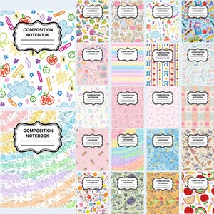 Op de afbeelding: Een collectie compositieschriften met diverse kleurrijke patronen, waaronder schoolspullen, fruit, regenbogen en geometrische vormen. Elk schrift heeft een wit label in het midden met de tekst COMPOSITION NOTEBOOK en lijnen.