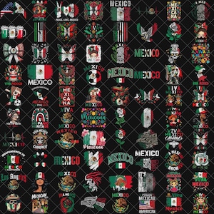 Puede incluir: Una colecci&oacute;n de gr&aacute;ficos con tem&aacute;tica mexicana sobre un fondo negro. Los dise&ntilde;os incluyen banderas, calaveras y texto como "Mexico" y "Viva Mexico". Los gr&aacute;ficos presentan colores rojo, verde, blanco y negro.