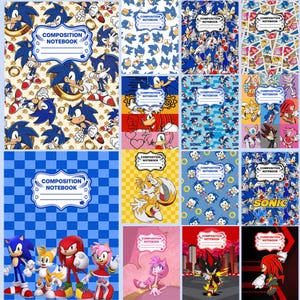Peut inclure: Une collection de cahiers de composition présentant divers motifs de personnages Sonic the Hedgehog, dont Sonic, Tails, Knuckles, Amy Rose et Shadow. Chaque couverture de cahier affiche une étiquette blanche avec le texte COMPOSITION NOTEBOOK.