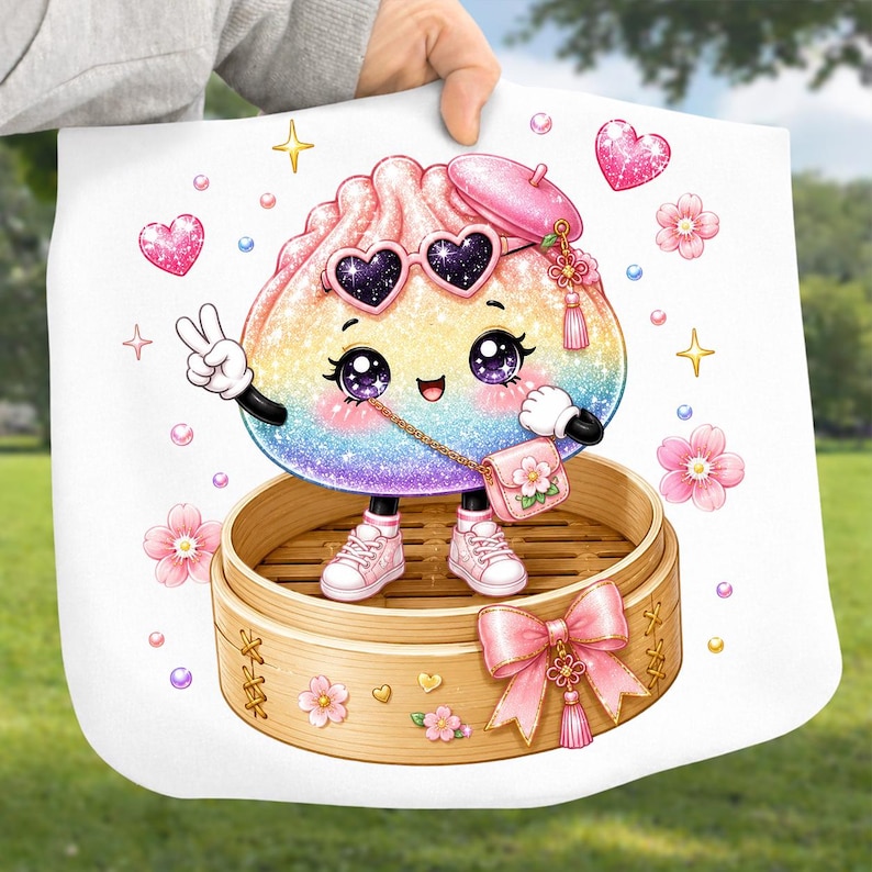 May include: A white tote bag featuring a colorful rainbow dumpling character with glittery texture, wearing heart-shaped sunglasses, a pink beret, and pink sneakers. The character stands in a bamboo steamer basket decorated with a pink bow and flowers.