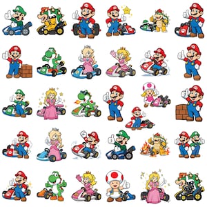 May include: A collection of colorful cartoon stickers featuring characters from the Mario Kart video game series. The stickers showcase Mario, Luigi, Yoshi, Princess Peach, and Bowser in various poses, driving karts and giving thumbs up.