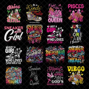 Può includere: Una collezione di grafiche con sneakers e testo su sfondo nero. I design includono frasi come "Sneaker Girl", "Sneakerhead" e "Just a Girl Who Loves Sneakers". Sono esposti vari stili e colori di scarpe.