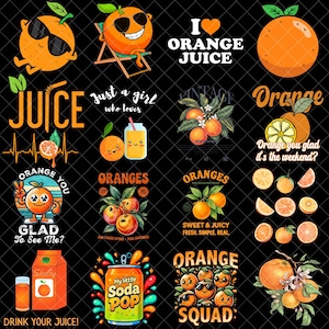 Paquete de imágenes PNG de jugo de naranja, imágenes prediseñadas de naranjas lindas en PNG, frases divertidas de cítricos en PNG, diseño de frutas de verano en PNG, sublimación de jugo en PNG
