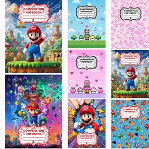 May include: A collection of eight composition notebooks featuring various designs inspired by the Super Mario video game series. Each notebook cover displays the text COMPOSITION NOTEBOOK within a decorative label, showcasing characters like Mario, Peach, and Bowser, alongside pixelated landscapes, hearts, and colorful patterns.