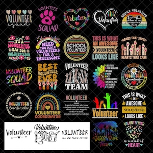 May include: A collection of volunteer-themed designs with various text and graphic elements. The designs include phrases like "Volunteer Squad," "Best Volunteer Ever," and "Volunteer Team," along with hearts, hands, and floral accents.