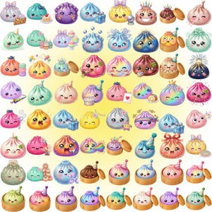 May include: A collection of numerous small, round, cartoon-style dumplings with expressive faces, vibrant colours, and glittery textures. Many dumplings feature party accessories like hats, streamers, and gifts, while others are paired with small food items.