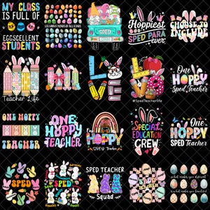 Könnte beinhalten: Eine Sammlung farbenfroher Designs zum Thema Ostern mit Text. Die Designs umfassen Ostereier, Hasen, Bleistifte und Sätze wie "Teacher Life", "One Hoppy Teacher" und "Sped Teacher". Die Farbpalette ist hell und fröhlich.