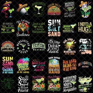 Paquete de imágenes PNG de Margarita, imágenes PNG de bebidas en la arena y el sol, imágenes PNG de frases de vacaciones en la playa, diseños para fiestas de verano, imágenes PNG de cócteles tropicales