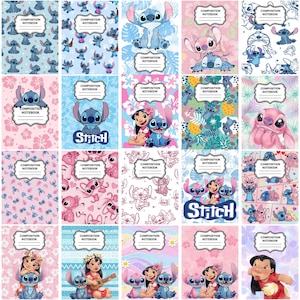 Może przedstawiać: Kolekcja dwudziestu zeszytów z różnymi ilustracjami Stitcha i Angel z Lilo & Stitch, zawierająca wzory kwiatowe, tropikalne tła i portrety postaci, każdy z centralną etykietą do wpisania imienia.