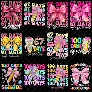 May include: A selection of vibrant graphic designs with bows, pencils, and text. The designs incorporate phrases such as "67 Days of School" and "100 Days of School" in diverse fonts and colours, ideal for back-to-school themes.