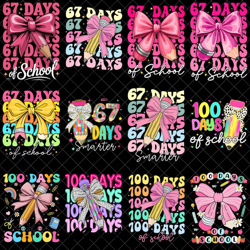 May include: A selection of vibrant graphic designs with bows, pencils, and text. The designs incorporate phrases such as "67 Days of School" and "100 Days of School" in diverse fonts and colours, ideal for back-to-school themes.