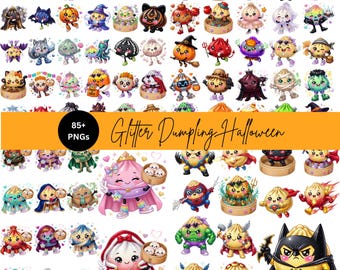 Glitter Halloween Dumpling Clipart PNG Bundle, Cute Kawaii Halloween Dumpling Clip Art, Sparkly Spooky Food Characters, Digital Download