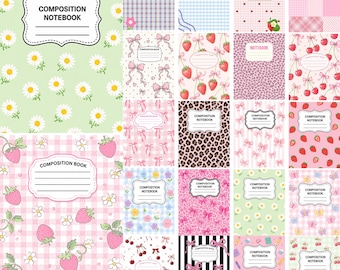 Composition Notebook Covers Bundle, Coquette Bows Composition Notebook Canva Editable Template, Back to School Printable Notebook Covers